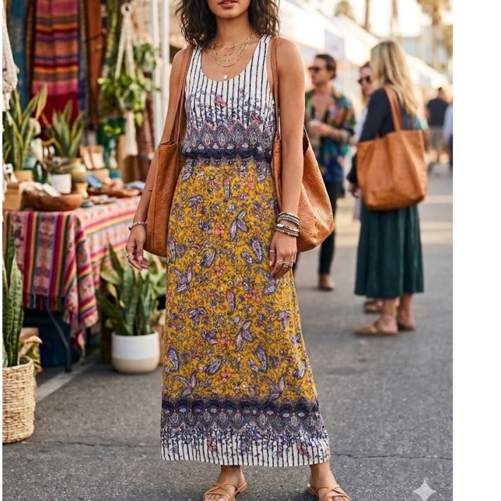 NWT Lucky Brand Sz S Mustard Paisley Eclectic Cottage Boho Racerback Maxi Dress